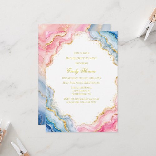Pink Blue Gold Agate Bachelorette Party Invitation