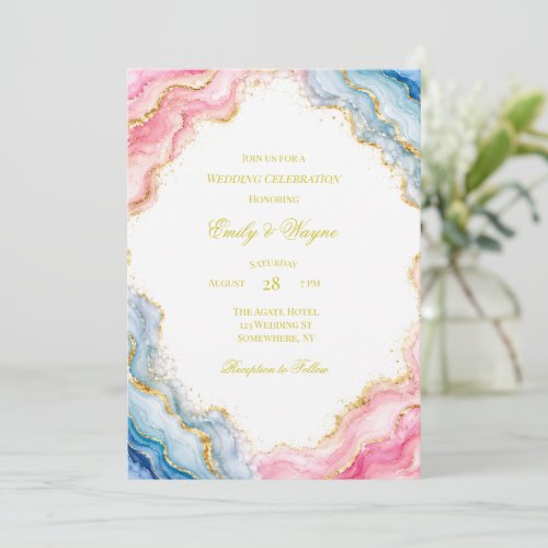 Pink Blue Gold Agate Wedding Celebration Invitation