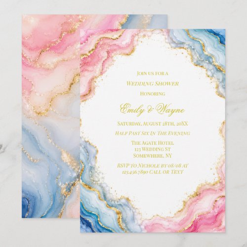 Pink Blue Gold Agate Wedding Invitation