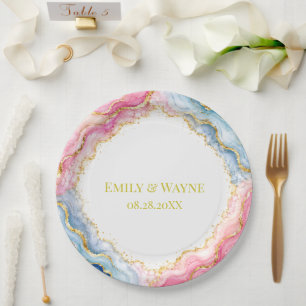 Pink Blue Gold Agate Wedding Paper Plates