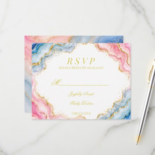 Pink Blue Gold Agate Wedding RSVP Card