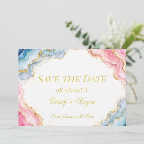 Pink Blue Gold Agate Wedding Save The Date
