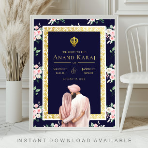 Pink Blue Gold Anand Karaj Wedding Welcome Sign