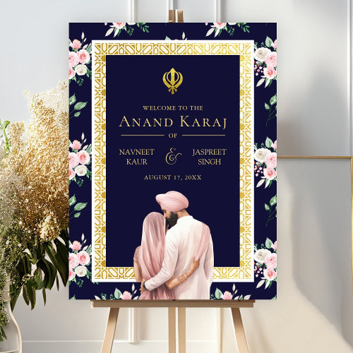 Pink Blue Gold Anand Karaj Wedding Welcome Sign