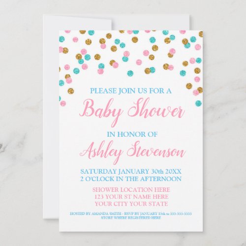 Pink Blue Gold Confetti Gender Neutral Baby Shower Invitation