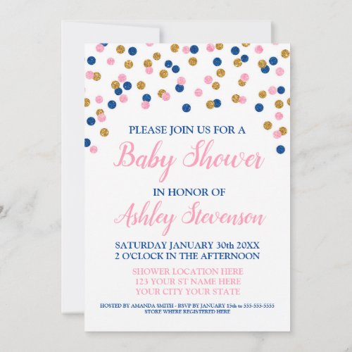 Pink Blue Gold Confetti Gender Neutral Shower Invitation