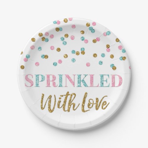 Pink Blue Gold Confetti Sprinkled with Love Paper Plates