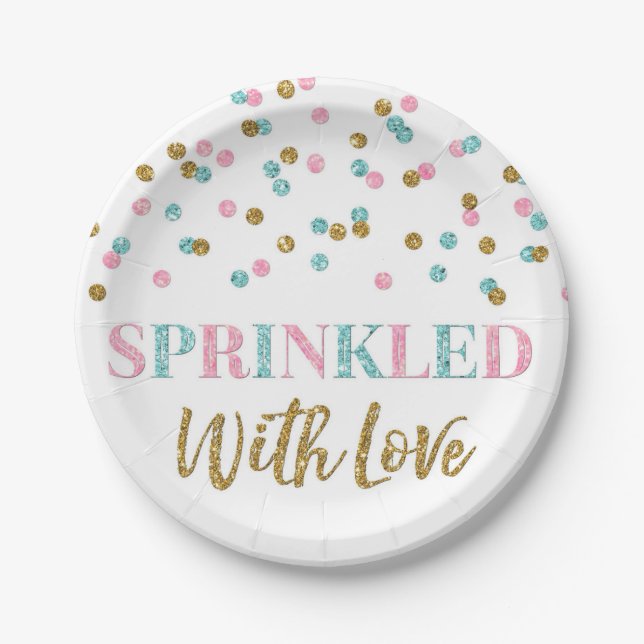 Pink Blue Gold Confetti Sprinkled with Love Paper Plates (Front)