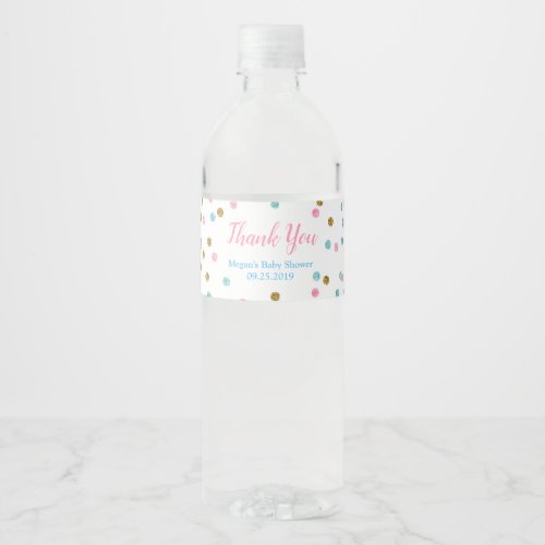 Pink Blue Gold Dots Baby Shower Water Bottle Label