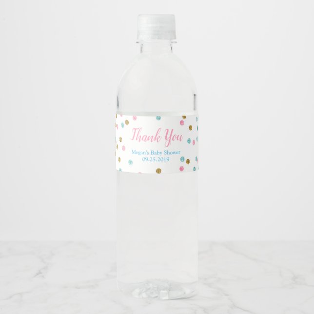 Pink Blue Gold Dots Baby Shower Water Bottle Label (Front)