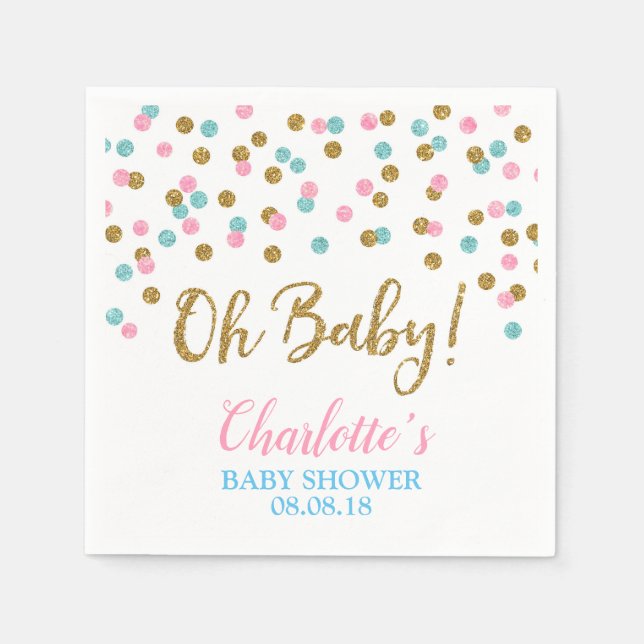 Pink Blue Gold Dots Gender Reveal Baby Shower Napkins (Front)