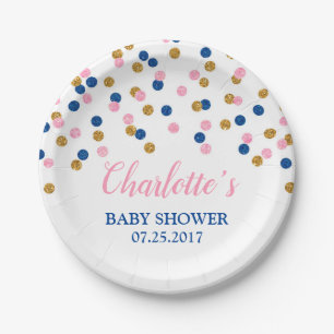Pink Blue Gold Dots Gender Reveal Baby Shower Paper Plates