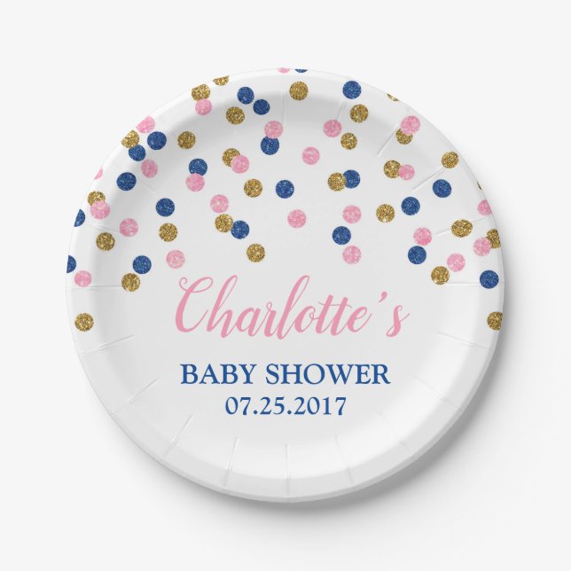 Pink Blue Gold Dots Gender Reveal Baby Shower Paper Plates (Front)
