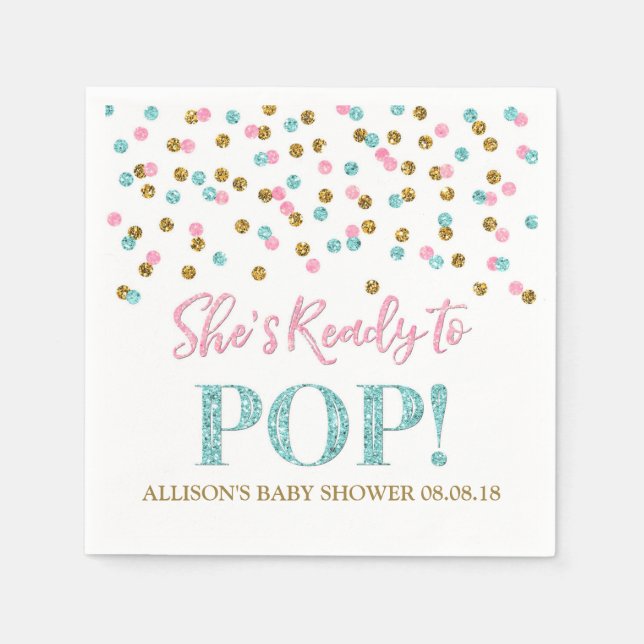 Pink Blue Gold Dots She's Ready to Pop Napkins (Front)