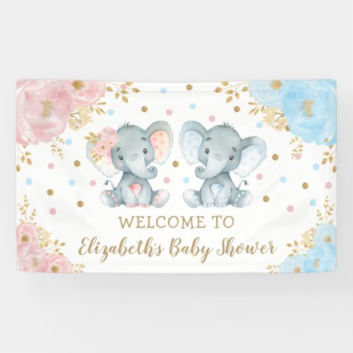 Pink Blue Gold Floral Elephant Twins Baby Shower Banner