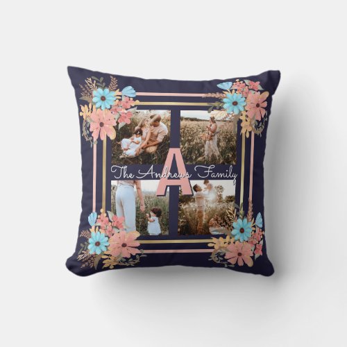 Pink Blue Gold Floral Framed Family Monogram Photo Throw Pillow