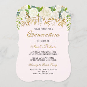 Pink Blue Gold Floral Leaf Watercolor Quinceanera Invitation