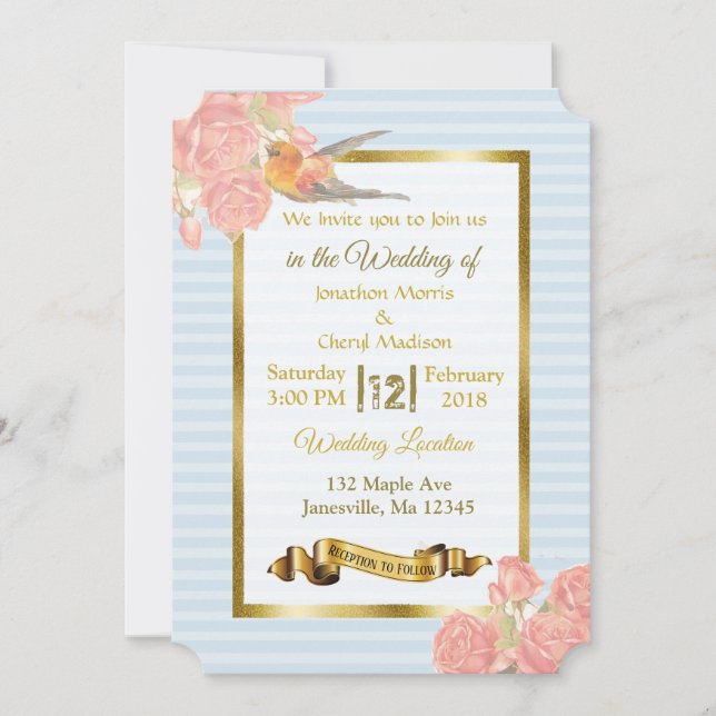 Pink Blue Gold Flower and Bird Wedding Invitations (Front)