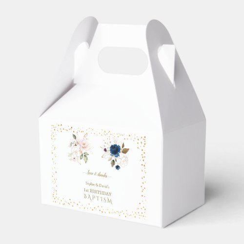 Pink Blue Gold Flowers Twins 1st Birthday Baptism Favor Boxes