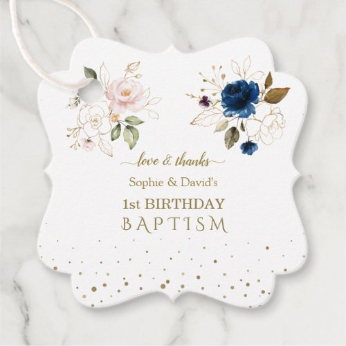 Pink Blue Gold Flowers Twins 1st Birthday Baptism Favor Tags