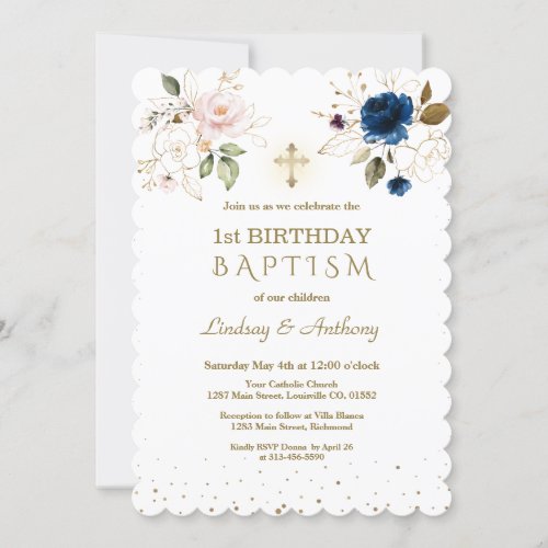 Pink Blue Gold Flowers Twins 1st Birthday Baptism Invitation