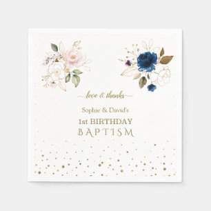 Pink Blue Gold Flowers Twins 1st Birthday Baptism Napkins