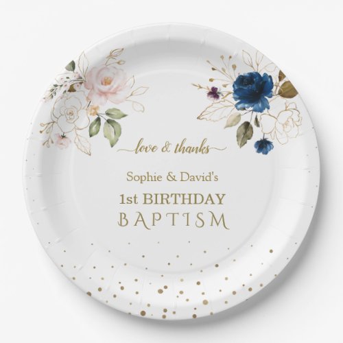 Pink Blue Gold Flowers Twins 1st Birthday Baptism Paper Plates