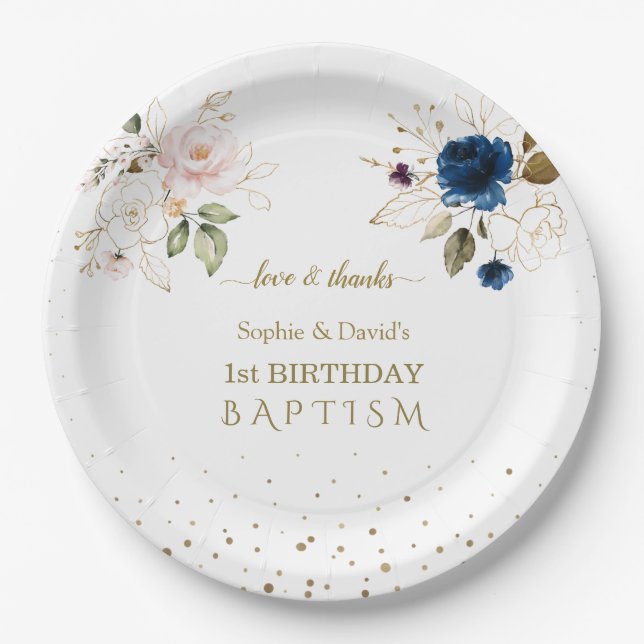 Pink Blue Gold Flowers Twins 1st Birthday Baptism Paper Plates (Front)