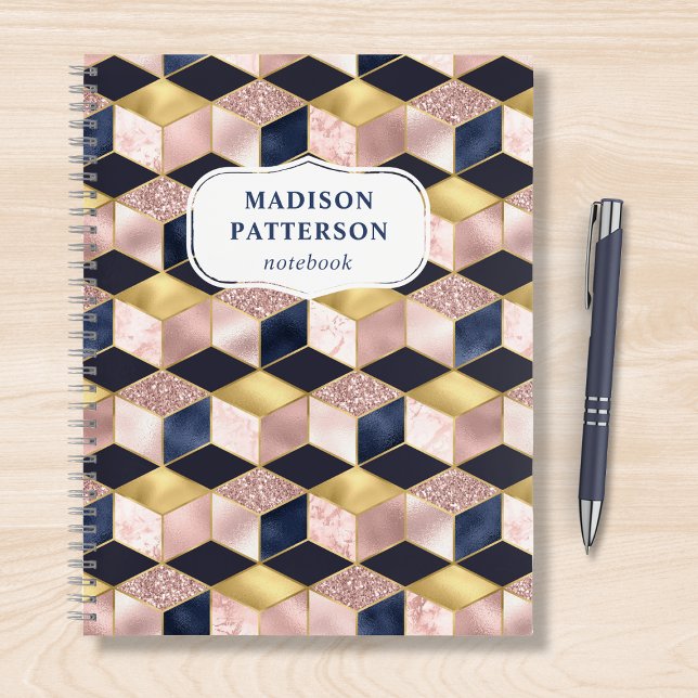 Pink Blue Gold Geometric Glitter Pattern Name Notebook (Creator Uploaded)