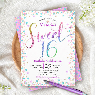 Pink Blue Gold Glitter Confetti Sweet 16 Birthday Invitation