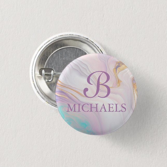 Pink Blue Gold Marble Monogram Personalized Name Button (Front & Back)