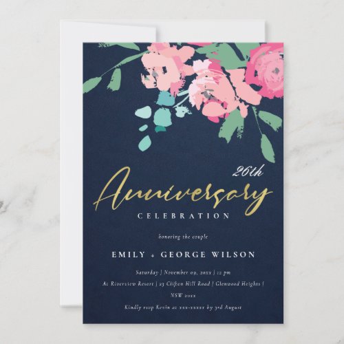 PINK BLUE GOLD NAVY FLORAL ANY YEAR ANNIVERSARY INVITATION