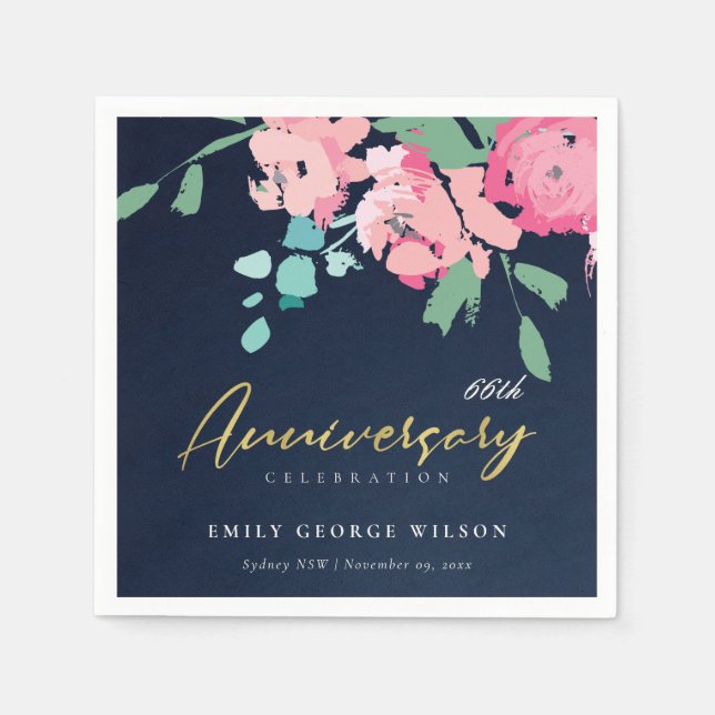 PINK BLUE GOLD NAVY FLORAL ANY YEAR ANNIVERSARY NAPKINS (Front)