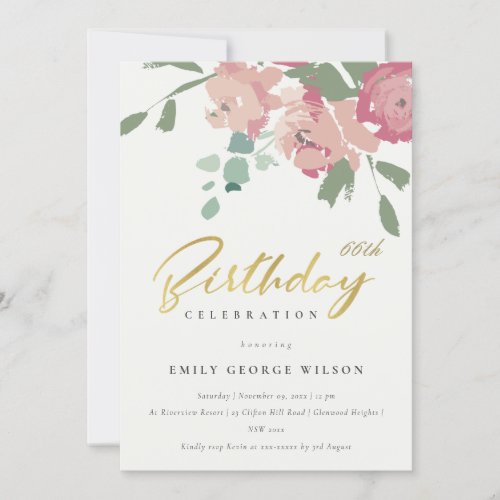 PINK BLUE GOLD PEONY FLORAL ANY AGE BIRTHDAY INVITATION