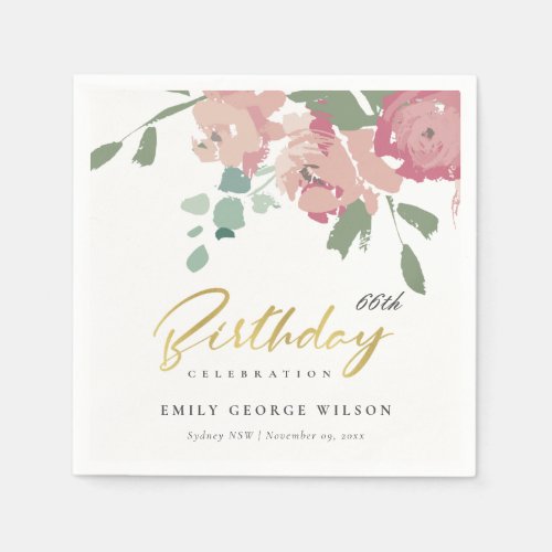 PINK BLUE GOLD PEONY FLORAL ANY AGE BIRTHDAY NAPKINS
