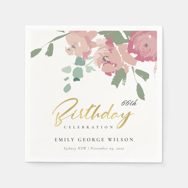 PINK BLUE GOLD PEONY FLORAL ANY AGE BIRTHDAY NAPKINS (Front)