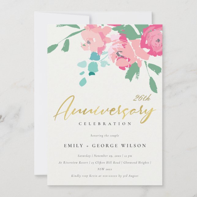PINK BLUE GOLD PEONY FLORAL ANY YEAR ANNIVERSARY INVITATION (Front)