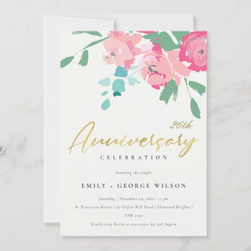 PINK BLUE GOLD PEONY FLORAL ANY YEAR ANNIVERSARY INVITATION