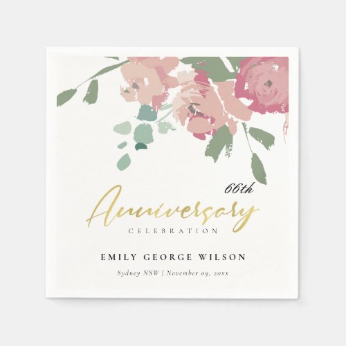 PINK BLUE GOLD PEONY FLORAL ANY YEAR ANNIVERSARY NAPKINS