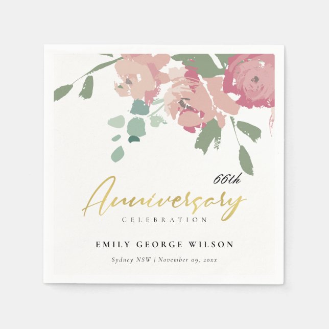 PINK BLUE GOLD PEONY FLORAL ANY YEAR ANNIVERSARY NAPKINS (Front)