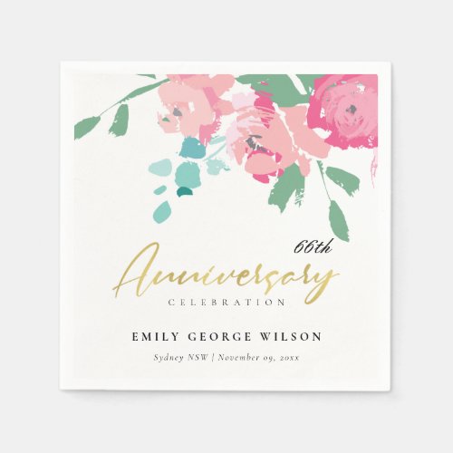 PINK BLUE GOLD PEONY FLORAL ANY YEAR ANNIVERSARY NAPKINS
