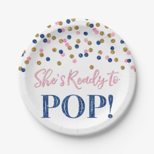 Pink Blue Gold Shes Ready to Pop Baby Shower Paper Plates