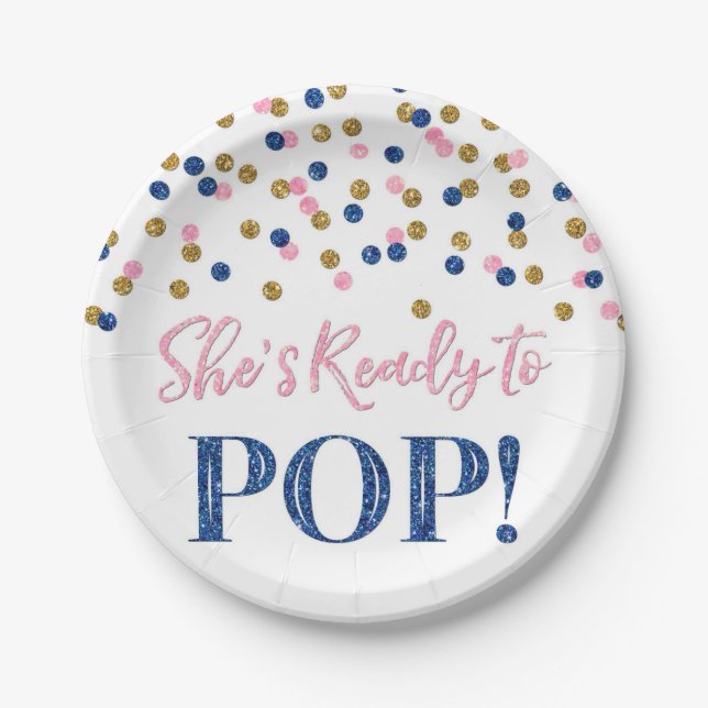 Pink Blue Gold She's Ready to Pop Baby Shower Paper Plates (Front)