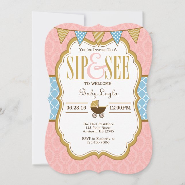 Pink Blue Gold Sip And See Invitation (Front)
