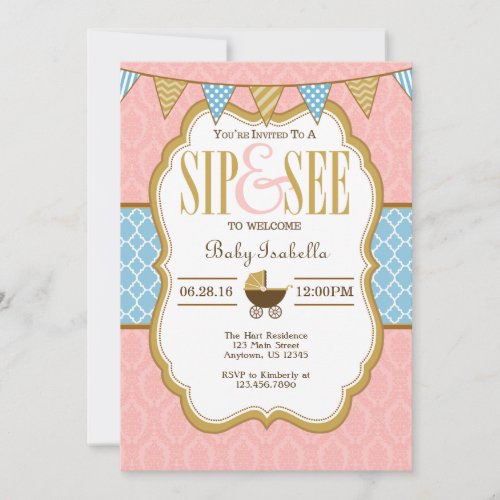 Pink Blue Gold Sip And See Invitation