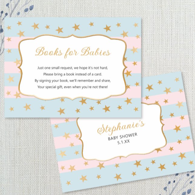 Pink Blue Gold Stars twins book request card (Creator Uploaded)