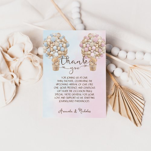 Pink Blue Gold Teddy Bear Gender Reveal Thank You Card