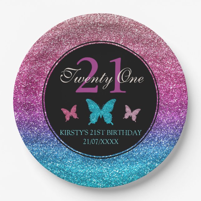 Pink & Blue Gradient Glitter & Butterfly Birthday Paper Plates (Front)