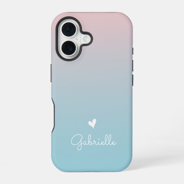 Pink Blue Gradient Heart with Minimal Script Name Iphone Case (Back)