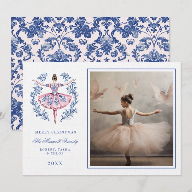 Pink & Blue Grandmillennial Damask Ballerina  Invitation (Front/Back)